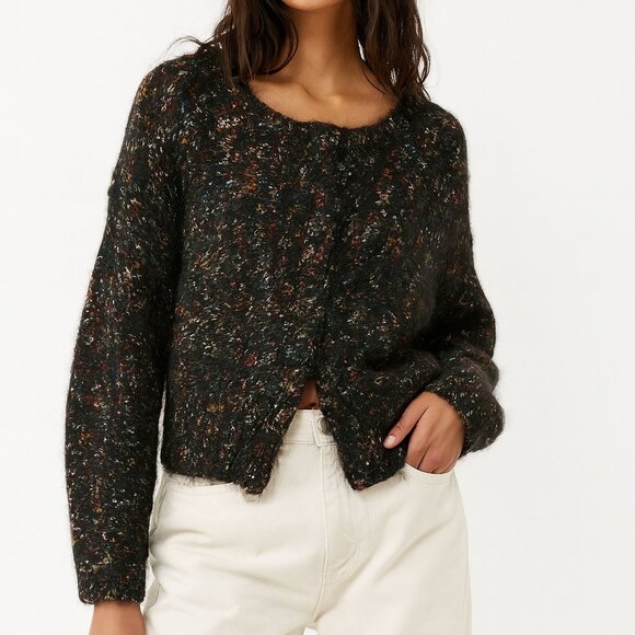 Vintage Mohair-Blend Confetti Knit Cardigan Black and Multi Boucle Textured S M - Picture 1 of 7